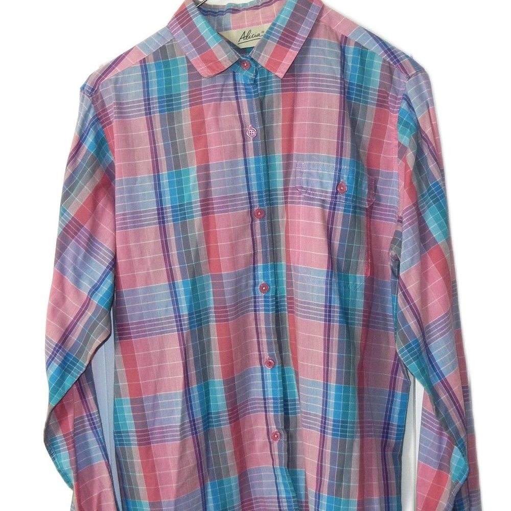 Alicia Vintage LS, Button Down, Collared Shirt  Size 12 Plaid Pink, Aqua